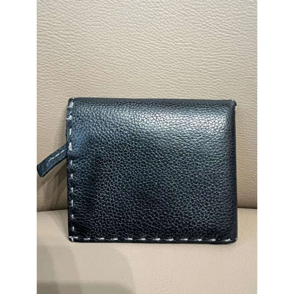 Henry Beguelin Leather BiFold Wallet Snap Fold Black Zipper Stitching Pebbled